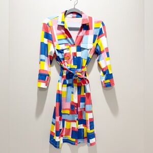 J.McLaughlin Brynn Tile Print Colorful Geometric Long Sleeve Dress Waist Tie M